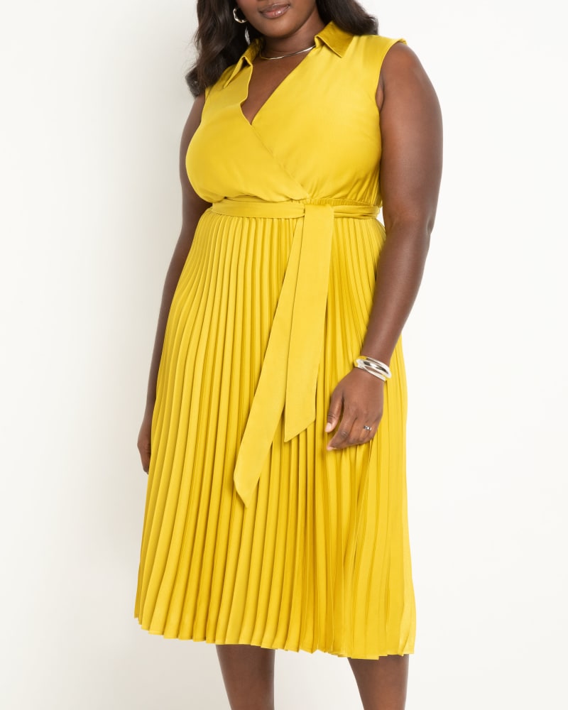 Front of a model wearing a size 22 Midi Dress With Pleated Skirt in Antique Moss by ELOQUII. | dia_product_style_image_id:294922